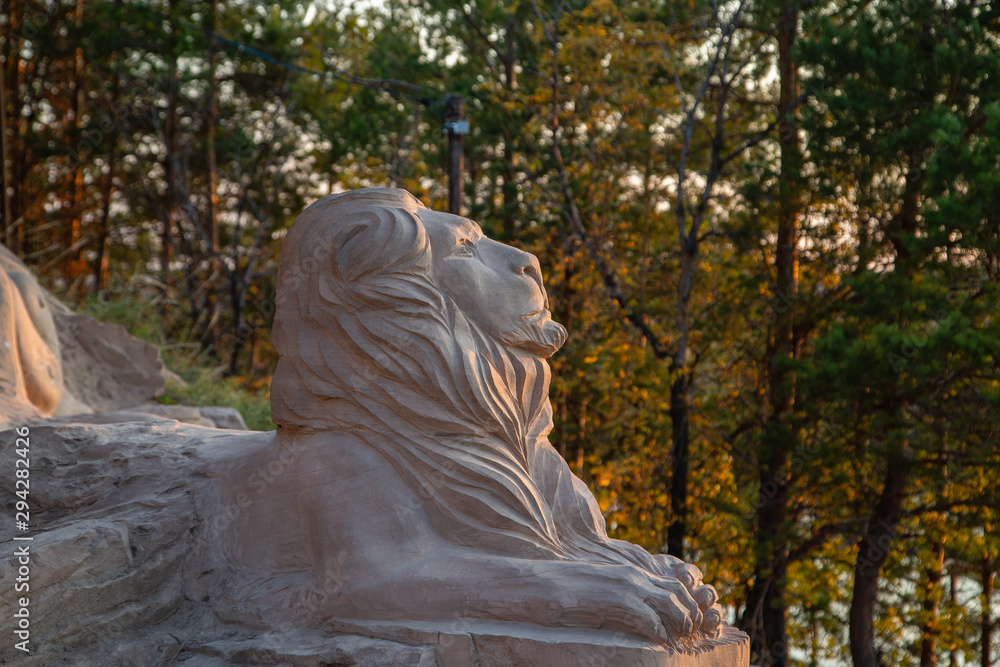 Russia, Kushnarenkovo (October 2, 2019) - figures carved from stone. Museum of stone figures. Russia, Kushnarenkovo (October 2, 2019) - figures carved from stone. Museum of stone figures.