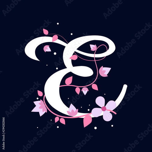 White E letter with flowers, alphabet illustration on dark blue