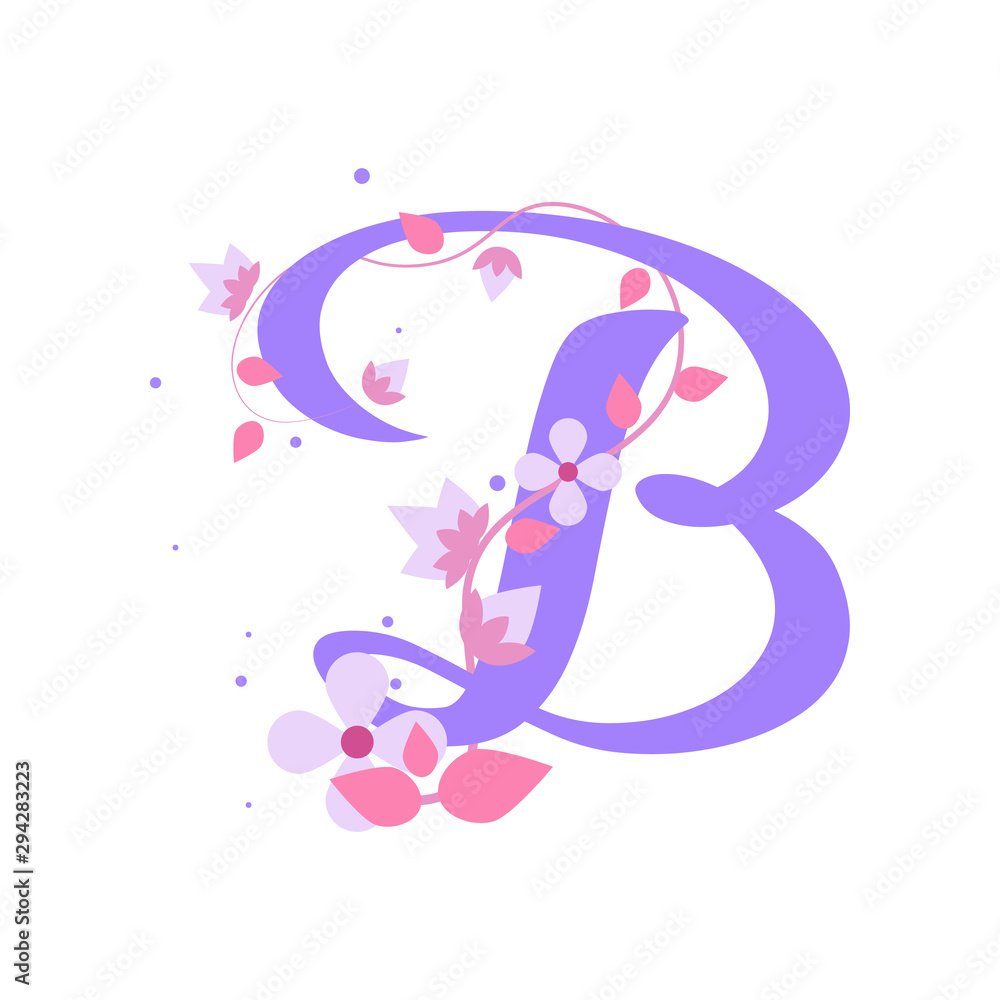 Violet B letter with flowers, alphabet illustration on white Violet B letter with flowers, alphabet illustration on white