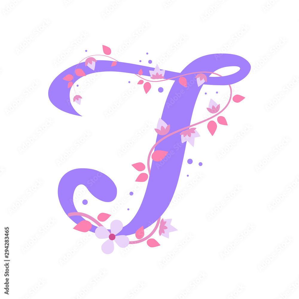 Violet T letter with flowers, alphabet illustration on white