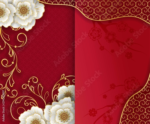 Traditional Chinese festive vertical  red banner  flowers and ornament. Traditional art and style. Calendar design template, invitation and holiday decoration.  Vector illustration