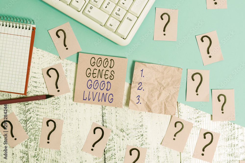Handwriting text Good Genes Good Living. Conceptual photo Inherited Genetic results in Longevity Healthy Life Writing tools, computer stuff and math book sheet on top of wooden table Handwriting text Good Genes Good Living. Conceptual photo Inherited Genetic results in Longevity Healthy Life Writing tools, computer stuff and math book sheet on top of wooden table