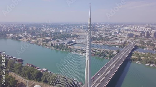 Still aerial 4k static shot of Sava river and Ada bridge in Belgrade city center photo