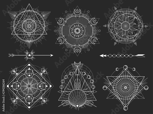 Vector set of Sacred geometric symbols and figures on black background. Abstract mystic signs collection.