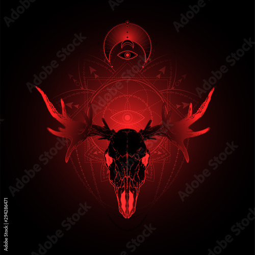 Vector illustration with hand drawn moose skull and Sacred geometric symbol on black background. Abstract mystic sign.