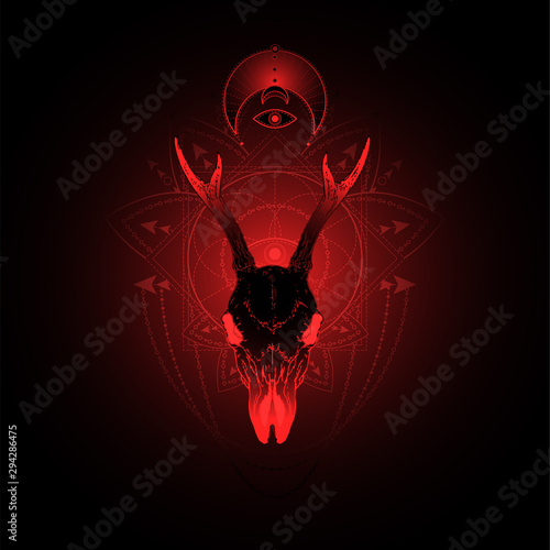 Vector illustration with hand drawn roe deerskull and Sacred geometric symbol on black background. Abstract mystic sign.