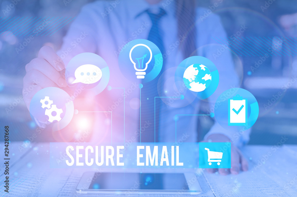 Writing note showing Secure Email. Business concept for protect the email content from being read by unwanted entities Female human wear formal work suit presenting smart device Writing note showing Secure Email. Business concept for protect the email content from being read by unwanted entities Female human wear formal work suit presenting smart device