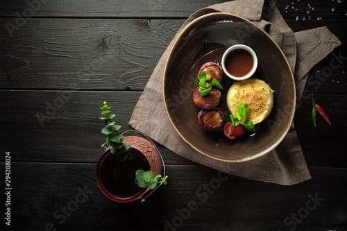 Bacon meat rolls with mashed potatoes. catering menu