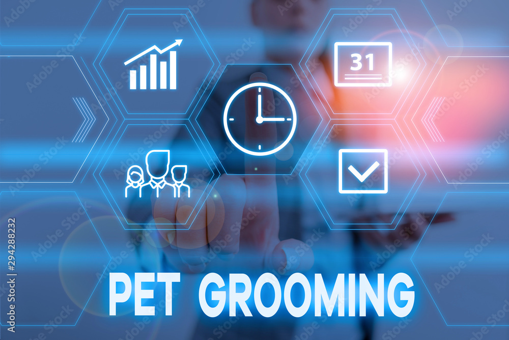 Fototapeta premium Conceptual hand writing showing Pet Grooming. Concept meaning hygienic care and enhancing the appearance of the pets Woman wear work suit presenting presentation smart device