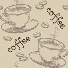 Handdoek met foto Koffie patronen Handgetekend patroon koffiebonen en kopjes  © Song_mi