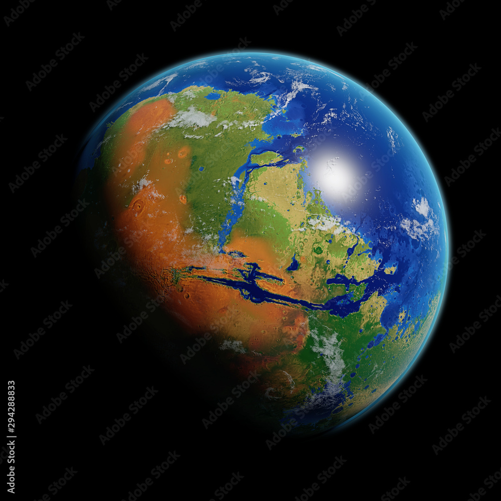 terraforming Mars, the red planet with plants, water and oxygen atmosphere, isolated on black background 