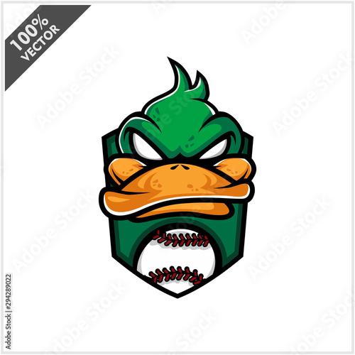 Vector sport logo, duck head illustration and baseball on the shield background. Logo for sport club or team. Vector illustration	