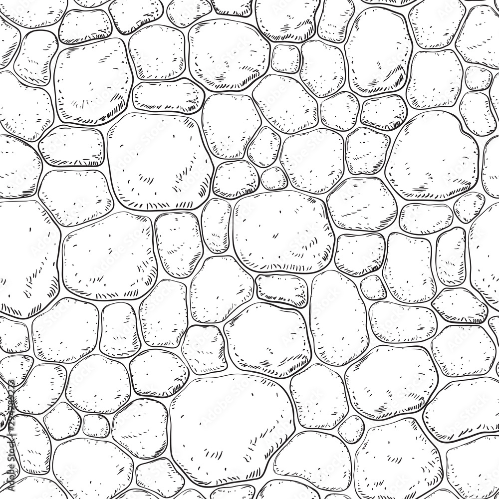 Seamless pattern with stones. Vector background with pebble at engraving style. - obrazy, fototapety, plakaty 