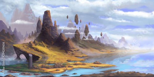 The Mountains. Fantasy Fiction Natural Backdrop. Concept Art. Realistic Illustration. Video Game Digital CG Artwork. Nature Scenery.