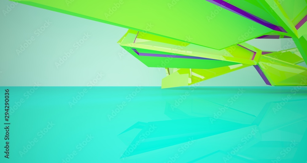 Fototapeta premium Abstract architectural white interior with color gloss gradient of a minimalist house with large windows. 3D illustration and rendering.