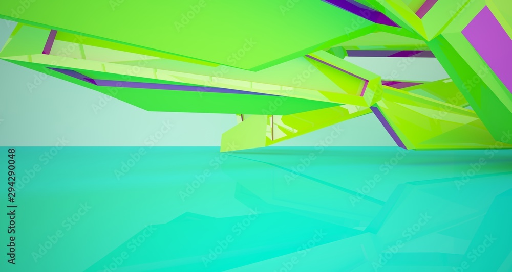 Fototapeta premium Abstract architectural white interior with color gloss gradient of a minimalist house with large windows. 3D illustration and rendering.