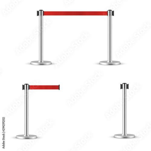 Retractable belt stanchion set. Portable ribbon barrier. Red striped hazard fencing tape.