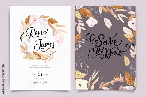 Autumn and fall Flower Wedding Invitation set, floral invite thank you, rsvp modern card Design in pink brown floral with leaf greenery branches decorative Vector elegant rustic template
