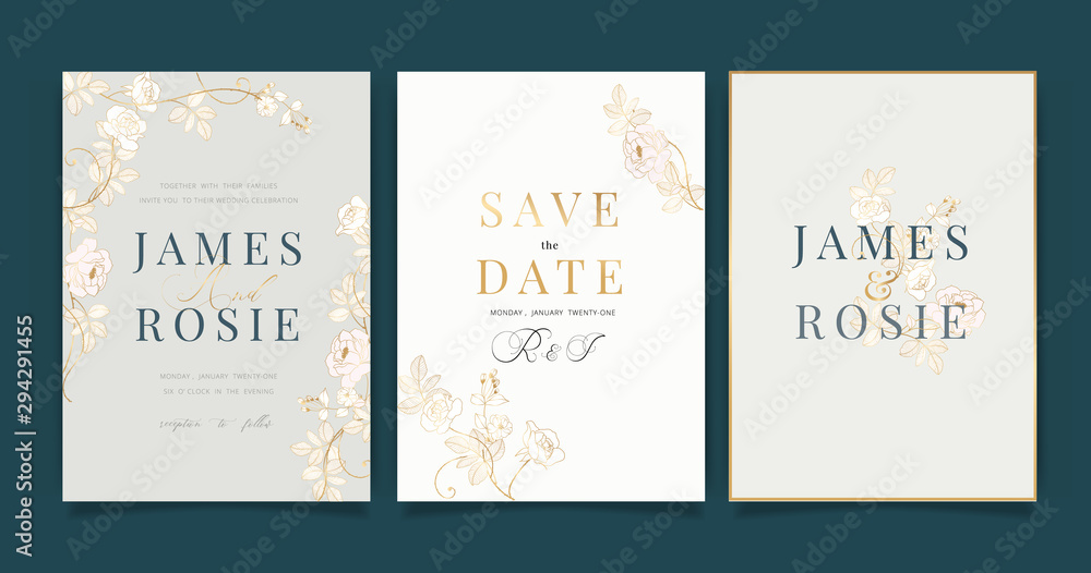  Luxury Wedding Invitation set,  invite thank you, rsvp modern card Design in Golden and white rose with leaf greenery branches  decorative Vector elegant rustic template