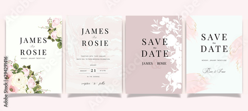 Luxury Wedding Invitation set,  invite thank you, rsvp modern card Design in Golden and white rose with leaf greenery branches  decorative Vector elegant rustic template