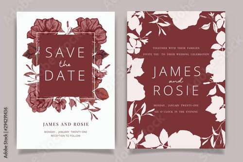 Luxury Wedding Invitation set,  invite thank you, rsvp modern card Design in white and red rose with leaf greenery branches  decorative Vector elegant rustic template