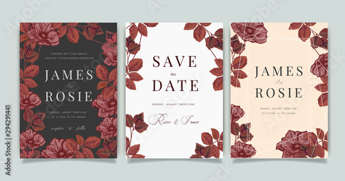 Luxury Wedding Invitation set,  invite thank you, rsvp modern card Design in white and red rose with leaf greenery branches  decorative Vector elegant rustic template