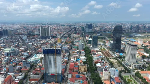 Aerial skyline footage of Phnom Penh by drone, Cambodia photo