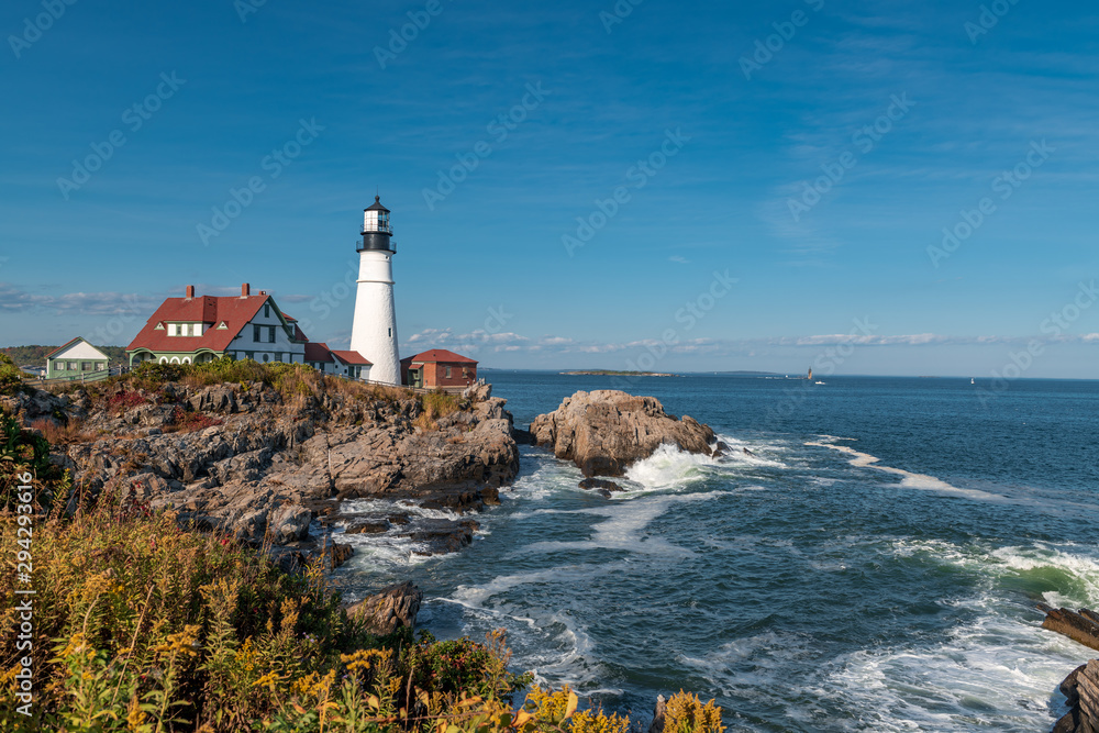 Portland Head Light, is a historic lighthouse in Cape Elizabeth, Maine. Portland Head Light, is a historic lighthouse in Cape Elizabeth, Maine.