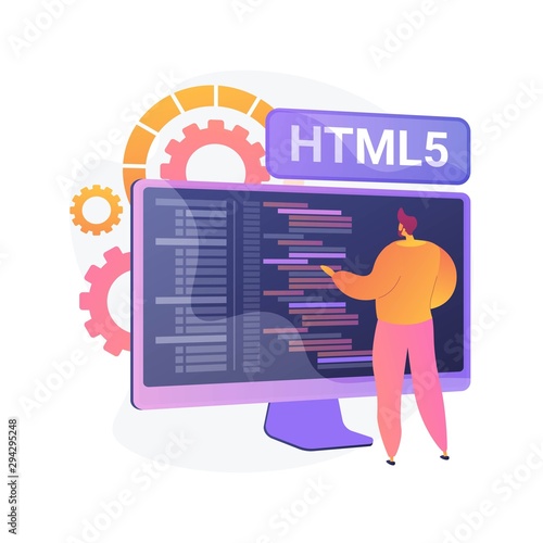 HTML5 programming. Internet website development, web application engineering, script writing. HTML code optimization, programmer fixing bugs. Vector isolated concept metaphor illustration