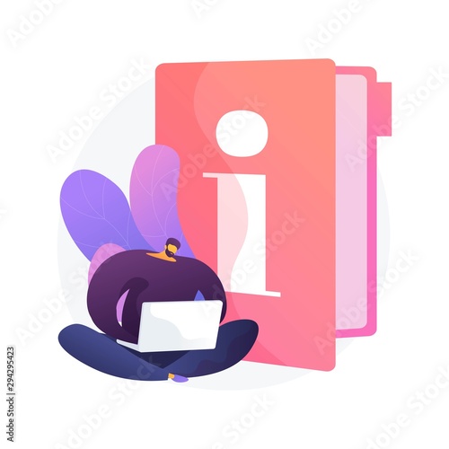 Instruction manual. Smart man with laptop studying handbook, reading guidebook cartoon character. Use terms, tutorial guide, digital documentation. Vector isolated concept metaphor illustration