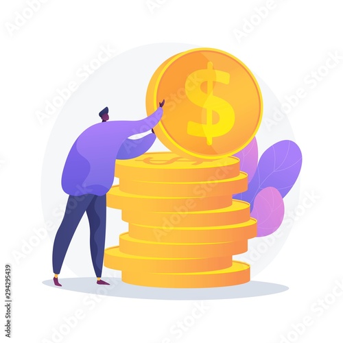 Finances management. Budget assessment, financial literacy, accounting idea. Financier with cash, economist holding golden coin cartoon character. Vector isolated concept metaphor illustration