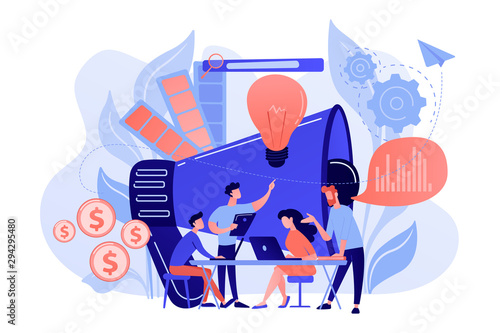 Digital marketing team with laptops and light bulb. Marketing team metrics, marketing team lead and responsibilities concept on white background. Pink coral blue vector isolated illustration