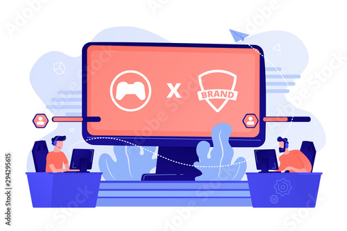 Cybersports competition. Branded game players playing. eSports collaboration esports partnership, esports and global brands cooperation concept. Pink coral blue vector isolated illustration