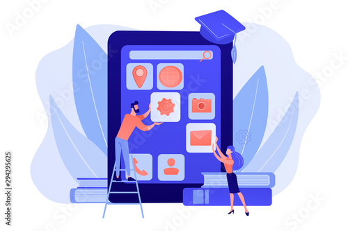 E- learning. Education process. Training application. Mobile app development courses, mobile apps online courses, become a mobile developer concept. Pink coral blue vector isolated illustration