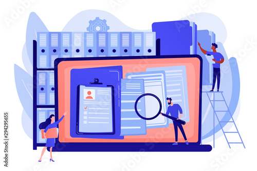 Organized archive. Searching files in database. Records management, records and information management, documents tracking system concept. Pink coral blue vector isolated illustration