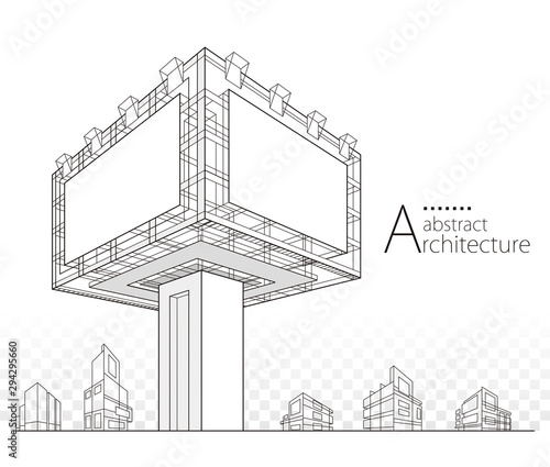 3D illustration architecture modern building construction billboard abstract background design. 