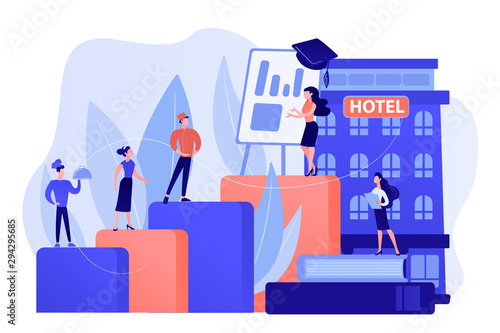 Hostel employee, chef, maid, and bell boy education. Hospitality courses, hospitality staff training, hotels industry training program concept. Pink coral blue vector isolated illustration