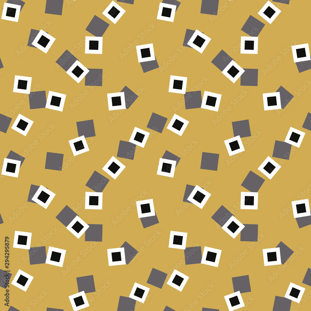 A seamless vector abstract pattern with little squares sccattered on a mustard yellow background. Surface print design.