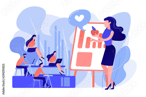 Food specialist talking about healthy eating habits. Health and nutrition workshop, eating habits correction, preventive children care concept. Pinkish coral bluevector isolated illustration
