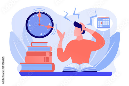 Terrible time crunch, cramming material before tests, examination. Exams and test results, personal exam timetable, exam stress and anxiety concept. Pinkish coral bluevector isolated illustration