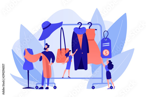 Main master designer creating fashion clothes designs and hanging it on coat rack. Fashion house, clothing design house, fashion production concept. Pinkish coral bluevector isolated illustration