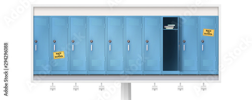 Billboard with banner. Set of realistic school locker, metal cabinets. Yellow stickers, come back to school. Blue cupboards with combination lock and handles. Vector template, 3d illustration