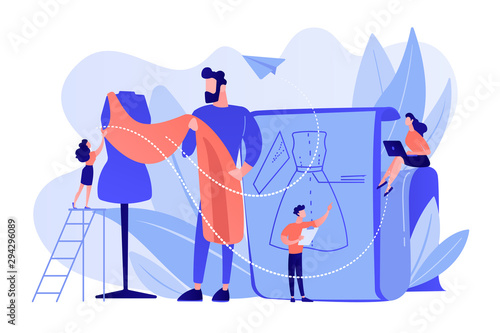 Fashion designers creating a dress pattern and making dress with cloth on mannequin. Fashion design, beauty designer, fashion design service concept. Pinkish coral bluevector isolated illustration