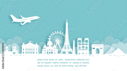 Travel poster with Welcome to Paris, France famous landmark in paper cut style vector illustration.