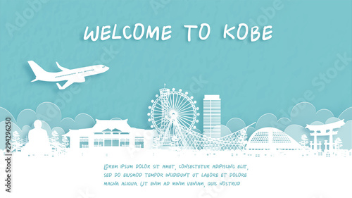 Travel poster with Welcome to Kobe, Japan famous landmark in paper cut style vector illustration. photo