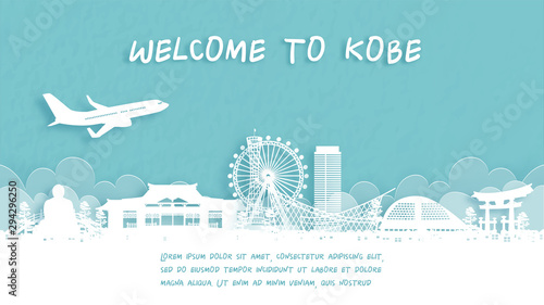 Travel poster with Welcome to Kobe, Japan famous landmark in paper cut style vector illustration.