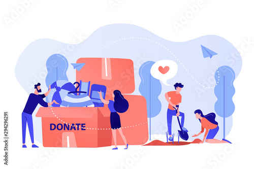 Volunteers like helping, planting seeds and donating clothes and toys into a box. Volunteering, volunteer services, altruistic job activity concept. Pinkish coral bluevector isolated illustration photo