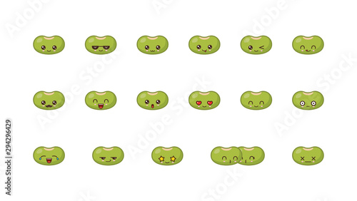 Beans cute kawaii mascot. Set kawaii food faces
