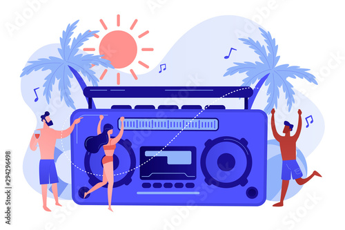 Young tiny people dancing on the beach in swimming suits and shorts at party. Beach party, sand dance floor, beach party invite concept. Pinkish coral bluevector isolated illustration