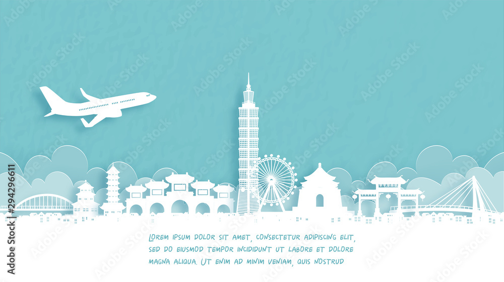 Obraz premium Travel poster with Welcome to Taipei, Chaina famous landmark in paper cut style vector illustration.